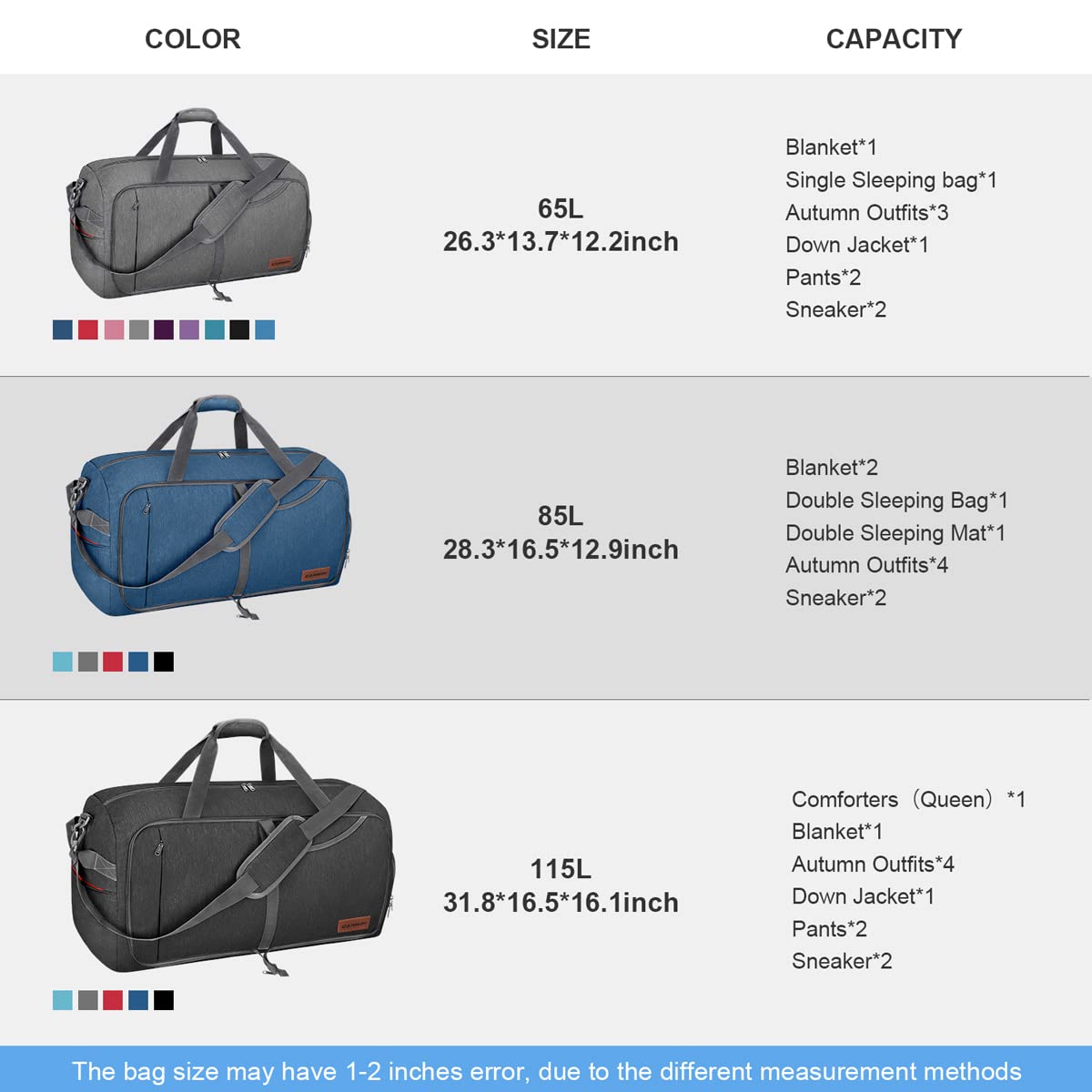 85l duffle bag size