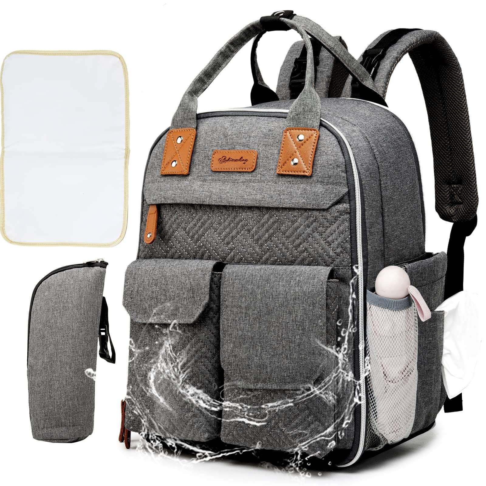 grey diaper bag with changing pad